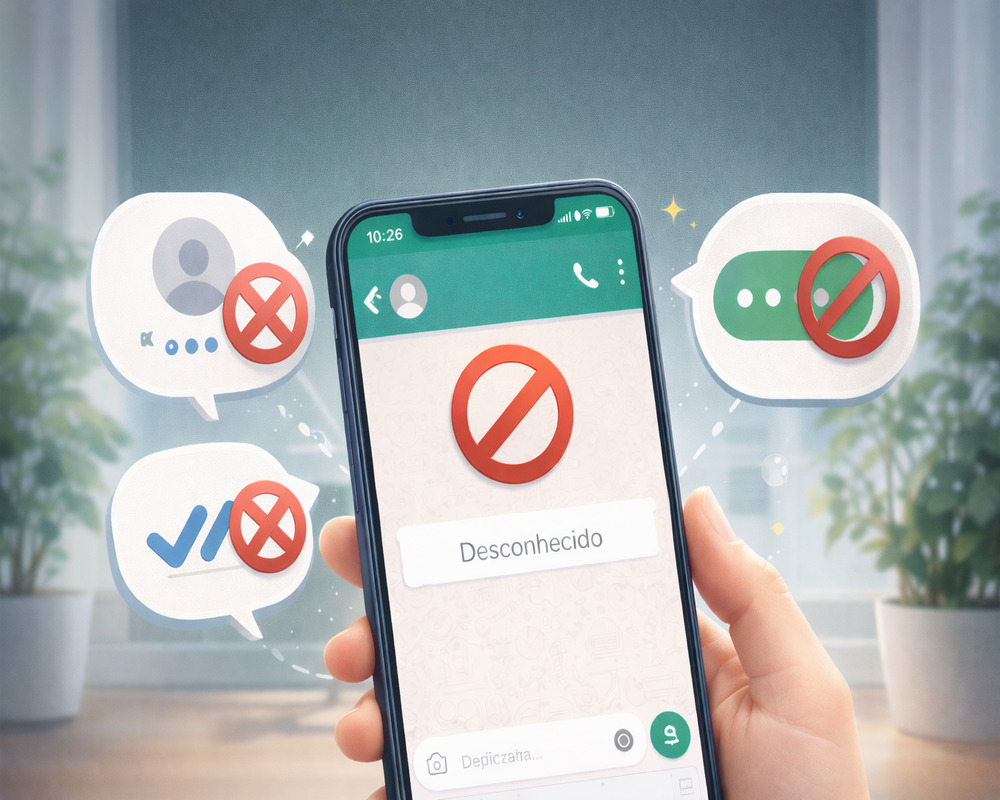 celular exibindo conversa bloqueada com ícones de mensagens e sinais de restrição ao redor em ambiente moderno e desfocado