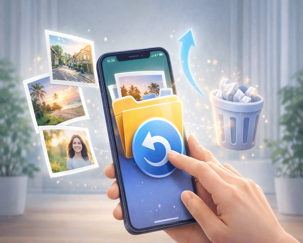 celular recuperando fotos apagadas com imagens saindo da lixeira e sendo restauradas na tela em cenário limpo e iluminado