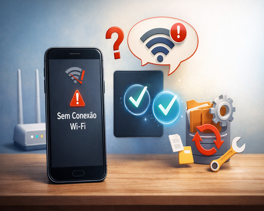 Celular com aviso de sem conexão Wi-Fi ao lado de ícones de diagnóstico e ferramentas, representando problemas de internet e soluções no smartphone