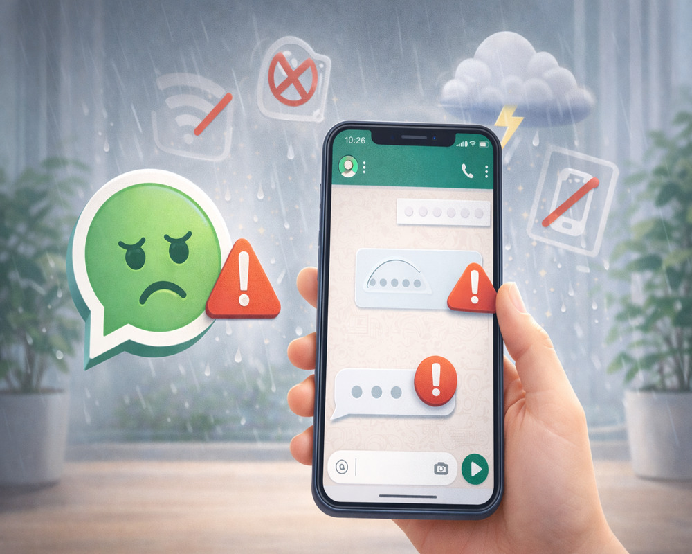 celular com aplicativo de mensagens apresentando erro de envio com ícones de alerta e sinal de conexão fraca em ambiente desfocado