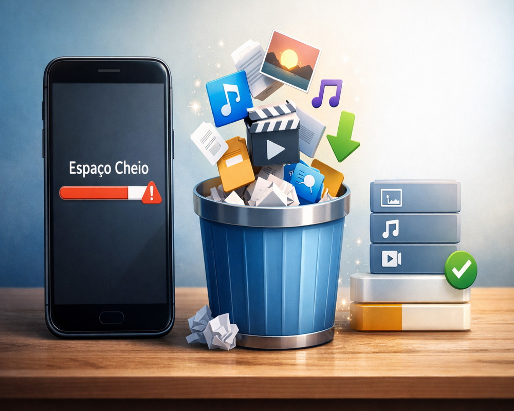 Celular com aviso de espaço cheio ao lado de uma lixeira digital com arquivos sendo removidos, representando limpeza e liberação de armazenamento no smartphone
