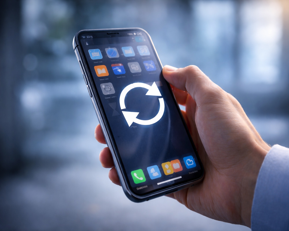 Celular travado sendo reiniciado com ícone de reset em tela limpa e moderna