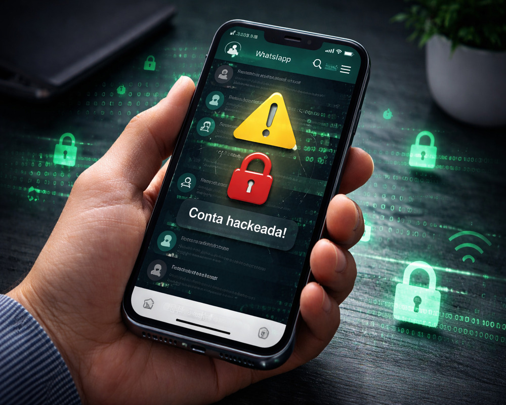 Celular com whatsapp hackeado aplicativo de mensagens mostrando alerta de segurança indicando possível invasão de conta