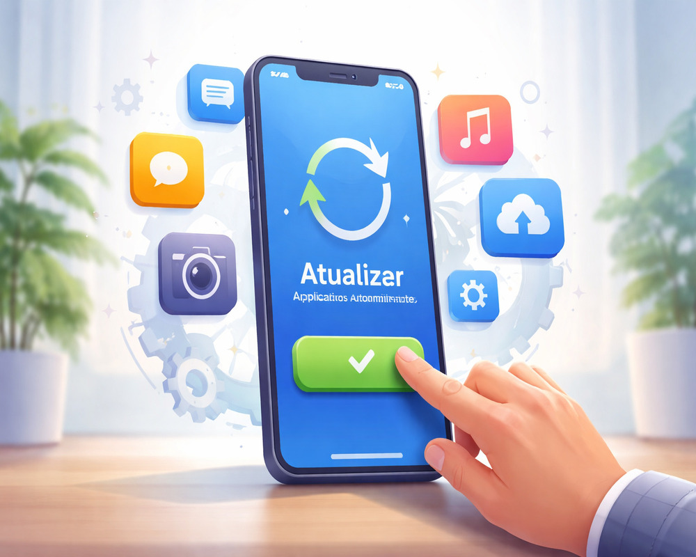 celular com atualização automática de aplicativos sendo ativada por toque na tela com ícones de apps ao redor em fundo moderno e limpo