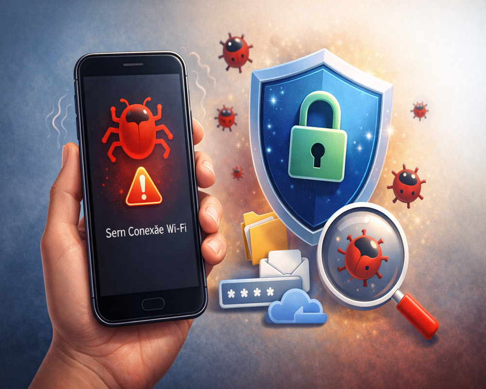 Celular com alerta de vírus na tela cercado por ícones de segurança como escudo e cadeado, representando proteção de dados e remoção de ameaças digitais