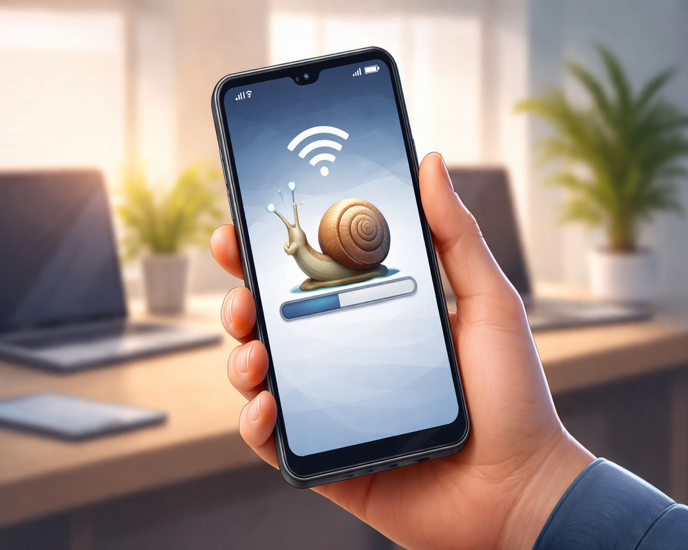 Internet lenta no celular representada por smartphone com carregamento lento e símbolo de wifi fraco na tela