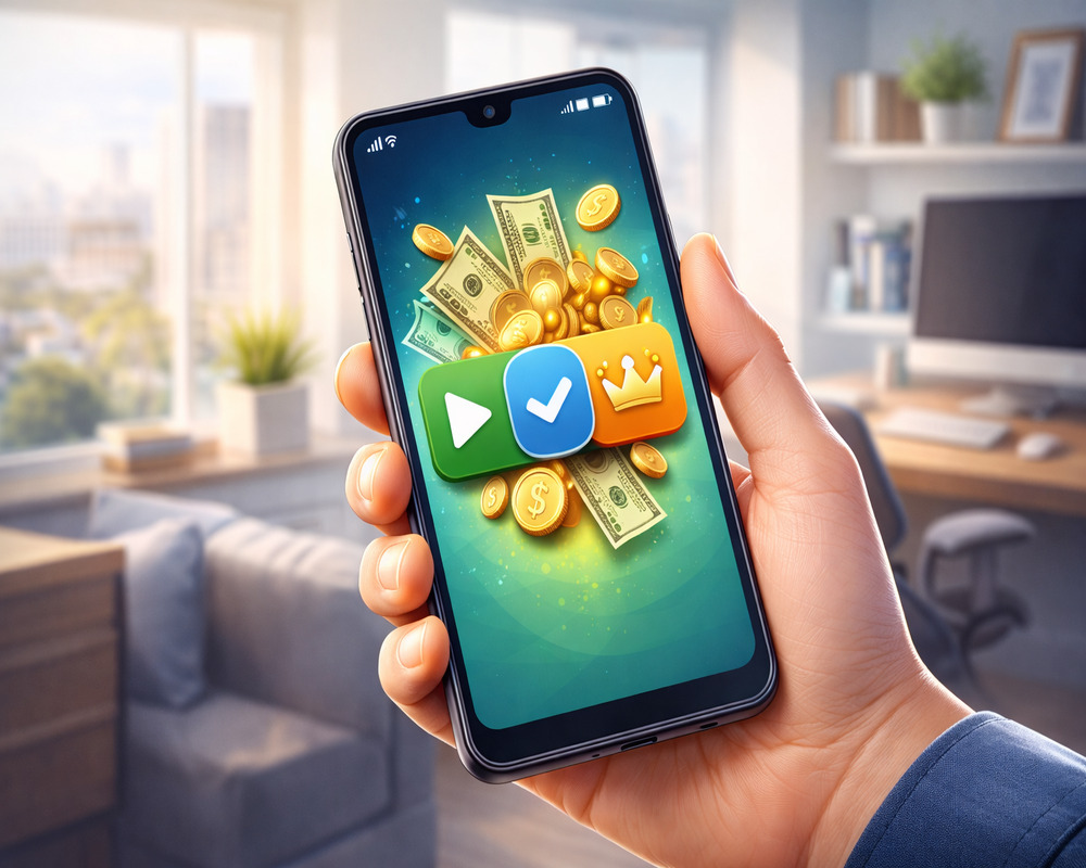 Melhores aplicativos para ganhar dinheiro com smartphone exibindo moedas e notas saindo da tela