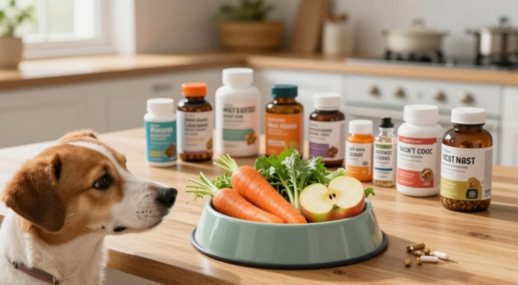 A beautifully arranged scene showcasing a healthy pet meal and supplements on a wooden kitchen table. In the foreground, an adorable dog looks curiously at a bowl filled with vibrant, fresh fruits and vegetables such as carrots, apples, and leafy greens, symbolizing natural nutrition. The middle layer features various pet supplements in colorful bottles, artistically displayed alongside the meal, conveying a sense of holistic care. In the background, a warm, inviting kitchen setting with soft natural light streaming in through a window enhances the cozy atmosphere. The camera angle captures the scene from a slightly elevated perspective, creating a dynamic composition that highlights the importance of healthy feeding for pets. The mood is cheerful and wholesome, emphasizing a commitment to pet wellness. A beautifully arranged scene showcasing a healthy pet meal and supplements on a wooden kitchen table. In the foreground, an adorable dog looks curiously at a bowl filled with vibrant, fresh fruits and vegetables such as carrots, apples, and leafy greens, symbolizing natural nutrition. The middle layer features various pet supplements in colorful bottles, artistically displayed alongside the meal, conveying a sense of holistic care. In the background, a warm, inviting kitchen setting with soft natural light streaming in through a window enhances the cozy atmosphere. The camera angle captures the scene from a slightly elevated perspective, creating a dynamic composition that highlights the importance of healthy feeding for pets. The mood is cheerful and wholesome, emphasizing a commitment to pet wellness.