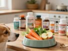 A beautifully arranged scene showcasing a healthy pet meal and supplements on a wooden kitchen table. In the foreground, an adorable dog looks curiously at a bowl filled with vibrant, fresh fruits and vegetables such as carrots, apples, and leafy greens, symbolizing natural nutrition. The middle layer features various pet supplements in colorful bottles, artistically displayed alongside the meal, conveying a sense of holistic care. In the background, a warm, inviting kitchen setting with soft natural light streaming in through a window enhances the cozy atmosphere. The camera angle captures the scene from a slightly elevated perspective, creating a dynamic composition that highlights the importance of healthy feeding for pets. The mood is cheerful and wholesome, emphasizing a commitment to pet wellness.
