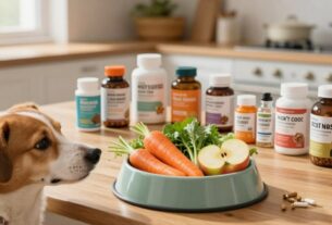 A beautifully arranged scene showcasing a healthy pet meal and supplements on a wooden kitchen table. In the foreground, an adorable dog looks curiously at a bowl filled with vibrant, fresh fruits and vegetables such as carrots, apples, and leafy greens, symbolizing natural nutrition. The middle layer features various pet supplements in colorful bottles, artistically displayed alongside the meal, conveying a sense of holistic care. In the background, a warm, inviting kitchen setting with soft natural light streaming in through a window enhances the cozy atmosphere. The camera angle captures the scene from a slightly elevated perspective, creating a dynamic composition that highlights the importance of healthy feeding for pets. The mood is cheerful and wholesome, emphasizing a commitment to pet wellness.