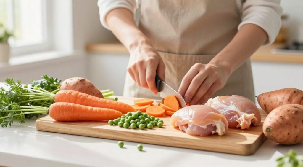 A bright and inviting kitchen countertop filled with fresh, vibrant ingredients for natural pet food. In the foreground, a wooden cutting board displays colorful ingredients like raw carrots, green peas, sweet potatoes, and pieces of raw chicken or fish, artfully arranged. In the middle, a person wearing a casual apron, with hands expertly chopping vegetables, embodies a spirit of care and preparation. The background features a bright window allowing natural light to flood in, casting soft shadows that enhance the warmth of the scene. The composition captures a sense of health, love for pets, and the joy of preparing nutritious meals. The overall mood is wholesome and vibrant, inspiring thoughts of healthy feeding practices for pets.