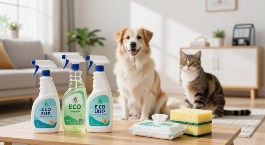 A bright, clean home environment showcasing safe pet cleaning products and techniques. In the foreground, a vibrant array of eco-friendly cleaning supplies, including sprays, wipes, and sponges, arranged neatly on a wooden table. The middle ground features a friendly dog and cat sitting calmly, showing comfort and safety. In the background, a well-lit, tidy living space with a soft color palette, potted plants, and pet accessories creates a welcoming atmosphere. Natural light filters through a nearby window, casting gentle shadows. The overall mood is fresh, hygienic, and inviting, reflecting the theme of safe cleaning practices for pet owners, emphasizing health and wellness.