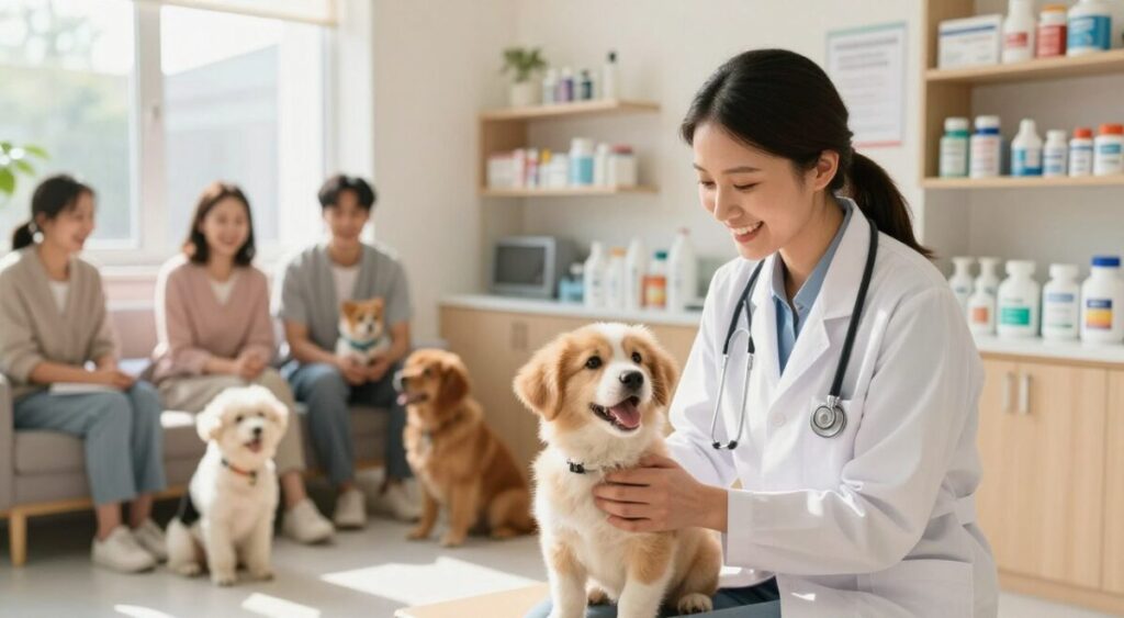 A charming veterinary clinic setting, brightly lit with soft, warm colors. In the foreground, a smiling veterinarian gently examines a playful puppy, highlighting the bond between pet and caregiver. The vet is wearing a professional white coat with a stethoscope around their neck. In the middle, shelves display pet care products including vaccines, flea treatments, and dewormers, emphasizing the importance of preventative care. In the background, a cozy waiting area with happy pet owners and their healthy pets, illustrating a welcoming atmosphere. Bright sunlight filters through the windows, creating a cheerful and nurturing vibe, encouraging responsible pet ownership and health awareness. The focus is on care, compassion, and the joy of maintaining pet health. A charming veterinary clinic setting, brightly lit with soft, warm colors. In the foreground, a smiling veterinarian gently examines a playful puppy, highlighting the bond between pet and caregiver. The vet is wearing a professional white coat with a stethoscope around their neck. In the middle, shelves display pet care products including vaccines, flea treatments, and dewormers, emphasizing the importance of preventative care. In the background, a cozy waiting area with happy pet owners and their healthy pets, illustrating a welcoming atmosphere. Bright sunlight filters through the windows, creating a cheerful and nurturing vibe, encouraging responsible pet ownership and health awareness. The focus is on care, compassion, and the joy of maintaining pet health.