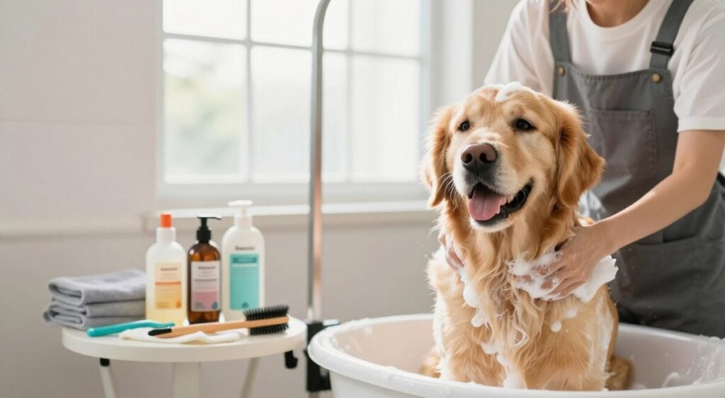A clean and bright pet grooming environment featuring a happy, golden retriever being bathed by a professional groomer in modest casual clothing. In the foreground, the groomer gently scrubs the dog's fur with shampoo, creating a soft lather, while the dog looks relaxed and content. In the middle, various grooming tools such as brushes, shampoos, and towels are neatly arranged on a small table. The background showcases a sunny window with soft natural light illuminating the scene, creating a warm and inviting atmosphere. The overall mood is cheerful and serene, emphasizing the importance of a safe and effective bathing routine for pet health. A clean and bright pet grooming environment featuring a happy, golden retriever being bathed by a professional groomer in modest casual clothing. In the foreground, the groomer gently scrubs the dog's fur with shampoo, creating a soft lather, while the dog looks relaxed and content. In the middle, various grooming tools such as brushes, shampoos, and towels are neatly arranged on a small table. The background showcases a sunny window with soft natural light illuminating the scene, creating a warm and inviting atmosphere. The overall mood is cheerful and serene, emphasizing the importance of a safe and effective bathing routine for pet health.