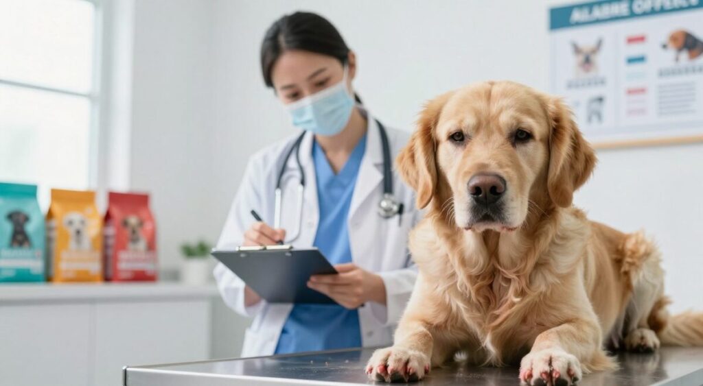 A concerned veterinarian examining a Golden Retriever in a well-lit, modern clinic. The dog exhibits signs of food allergies, such as inflamed skin and itchy ears. In the foreground, a close-up of the dog’s paws shows redness and irritation. The middle ground features a veterinary professional carefully noting symptoms on a clipboard, dressed in a white coat and blue scrubs. The background displays colorful pet food items and allergy-related charts on the wall, brightening the atmosphere. Natural light streams through a window, enhancing the sense of urgency and care in the scene. Aim for a realistic and informative portrayal that effectively communicates the signs and symptoms of food allergies in dogs, capturing both attention and empathy.
