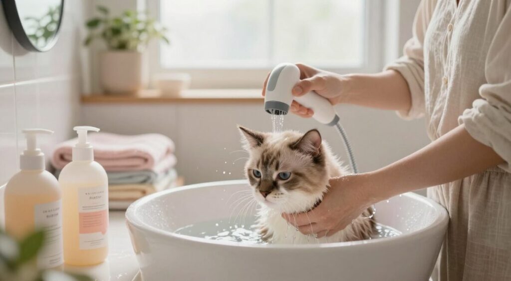A cozy bathroom scene with a gentle, serene atmosphere, featuring a person in modest casual clothing carefully bathing a relaxed cat. In the foreground, show a soft washbasin filled with warm water, along with various pet-friendly bath products like soothing shampoos. In the middle, the person is attentively using a handheld sprayer to rinse the cat, highlighting a bond of trust and care. The cat appears calm, with water droplets glistening in the light. In the background, soft, natural lighting filters through a frosted window, illuminating soothing pastel-colored towels and a plant on the shelf. The overall mood is peaceful and nurturing, emphasizing alternative bathing techniques that reduce stress for both the cat and owner. A cozy bathroom scene with a gentle, serene atmosphere, featuring a person in modest casual clothing carefully bathing a relaxed cat. In the foreground, show a soft washbasin filled with warm water, along with various pet-friendly bath products like soothing shampoos. In the middle, the person is attentively using a handheld sprayer to rinse the cat, highlighting a bond of trust and care. The cat appears calm, with water droplets glistening in the light. In the background, soft, natural lighting filters through a frosted window, illuminating soothing pastel-colored towels and a plant on the shelf. The overall mood is peaceful and nurturing, emphasizing alternative bathing techniques that reduce stress for both the cat and owner.