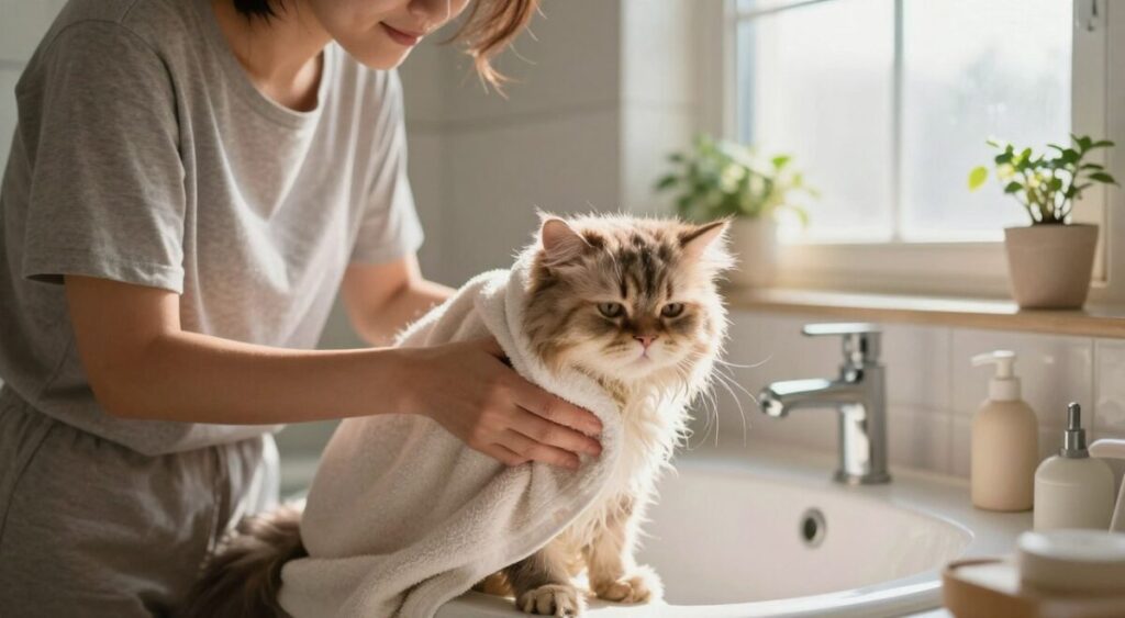A cozy bathroom setting where a gentle, attentive cat owner is wrapping a freshly bathed cat in a soft towel. The foreground features the owner, a woman in modest casual clothing, showing a calm demeanor as she gently dries the cat with a towel. In the middle, the cat, a fluffy Persian with wet fur, looks content but slightly bewildered, emphasizing the post-bath experience. In the background, soft morning light filters through a frosted window, casting a warm glow over the scene. Decorative plants and bath accessories add a homely touch, enhancing the mood of care and comfort. The overall atmosphere should evoke tranquility and tender affection between the owner and the pet, highlighting the theme of post-bath care. A cozy bathroom setting where a gentle, attentive cat owner is wrapping a freshly bathed cat in a soft towel. The foreground features the owner, a woman in modest casual clothing, showing a calm demeanor as she gently dries the cat with a towel. In the middle, the cat, a fluffy Persian with wet fur, looks content but slightly bewildered, emphasizing the post-bath experience. In the background, soft morning light filters through a frosted window, casting a warm glow over the scene. Decorative plants and bath accessories add a homely touch, enhancing the mood of care and comfort. The overall atmosphere should evoke tranquility and tender affection between the owner and the pet, highlighting the theme of post-bath care.