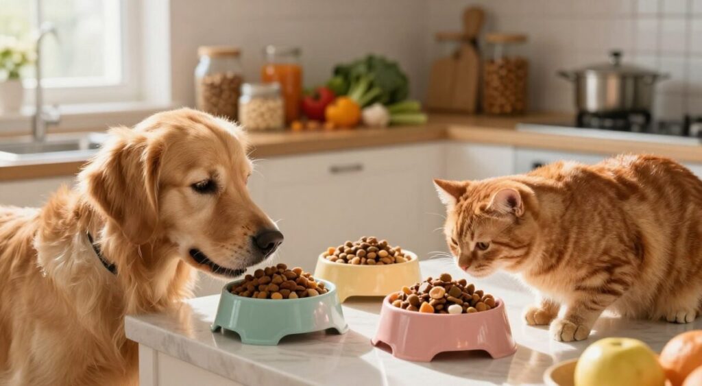 A cozy kitchen scene featuring a vibrant mix of wet and dry dog and cat food served in stylish bowls. In the foreground, a golden retriever and a ginger cat eagerly sniff and investigate their meals, their expressions filled with curiosity and delight. The middle ground showcases a beautifully arranged kitchen counter with jars of ingredients, like fresh vegetables and kibble, hinting at the idea of blended nutrition. In the background, soft sunlight streams through a window, creating a warm, inviting atmosphere with gentle shadows. The image is shot with a shallow depth of field to focus on the pets and their food, evoking a sense of joy and care in pet feeding habits. A cozy kitchen scene featuring a vibrant mix of wet and dry dog and cat food served in stylish bowls. In the foreground, a golden retriever and a ginger cat eagerly sniff and investigate their meals, their expressions filled with curiosity and delight. The middle ground showcases a beautifully arranged kitchen counter with jars of ingredients, like fresh vegetables and kibble, hinting at the idea of blended nutrition. In the background, soft sunlight streams through a window, creating a warm, inviting atmosphere with gentle shadows. The image is shot with a shallow depth of field to focus on the pets and their food, evoking a sense of joy and care in pet feeding habits.