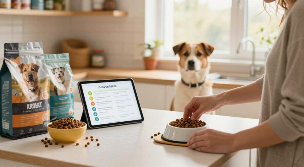 A cozy kitchen scene showcasing strategies to save on dog food without compromising quality. In the foreground, a person in casual attire, thoughtfully measuring dog food portions into a bowl, surrounded by different brands of high-quality kibble on the counter. The middle layer features a chart of cost-effective feeding tips displayed on a tablet, and a playful dog eagerly waiting nearby. In the background, warm natural light filters through a window, illuminating shelves stocked with pet care items. The atmosphere feels warm and inviting, emphasizing a balance between budget-friendly choices and the happiness of a healthy pet.