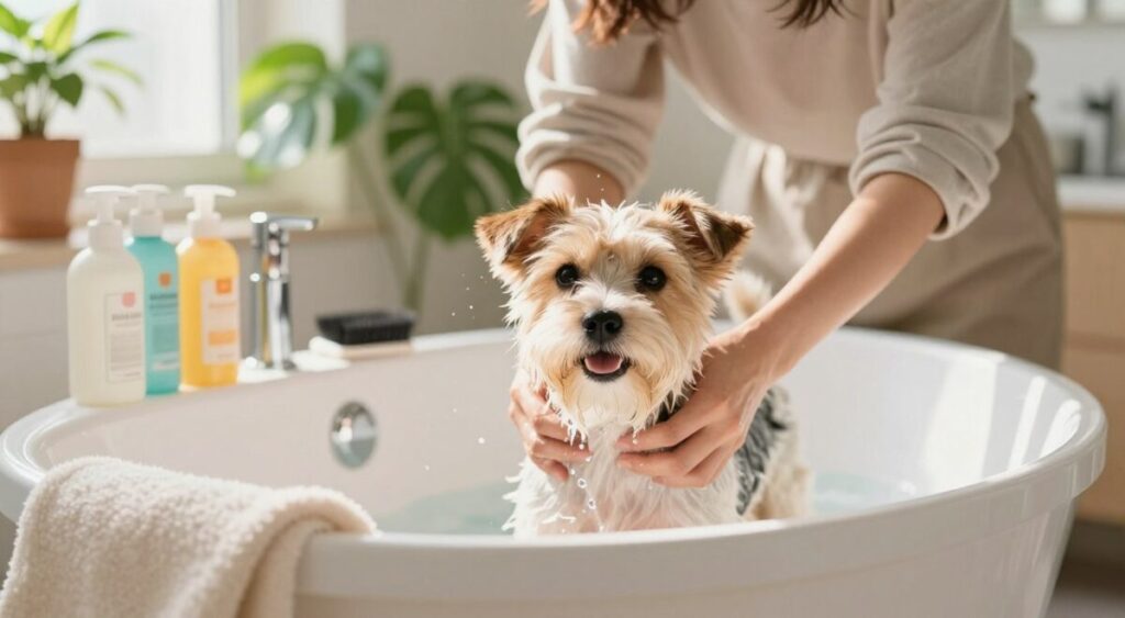 A cozy, sunlit bathroom scene featuring a small dog, such as a terrier, being gently bathed in a modern bathtub, surrounded by pet grooming supplies like shampoos, brushes, and towels. In the foreground, the dog's playful expression captures the joy of bathing, while drops of water glisten in the light. The middle ground includes a person, dressed in modest casual clothing, carefully washing the pet, emphasizing a nurturing bond. The background showcases vibrant green plants and pet-themed decor, adding life to the space. Soft, natural lighting creates a warm and inviting mood, reflecting the importance of hygiene and cleanliness for pet health while ensuring the environment feels fresh and cheerful. A cozy, sunlit bathroom scene featuring a small dog, such as a terrier, being gently bathed in a modern bathtub, surrounded by pet grooming supplies like shampoos, brushes, and towels. In the foreground, the dog's playful expression captures the joy of bathing, while drops of water glisten in the light. The middle ground includes a person, dressed in modest casual clothing, carefully washing the pet, emphasizing a nurturing bond. The background showcases vibrant green plants and pet-themed decor, adding life to the space. Soft, natural lighting creates a warm and inviting mood, reflecting the importance of hygiene and cleanliness for pet health while ensuring the environment feels fresh and cheerful.
