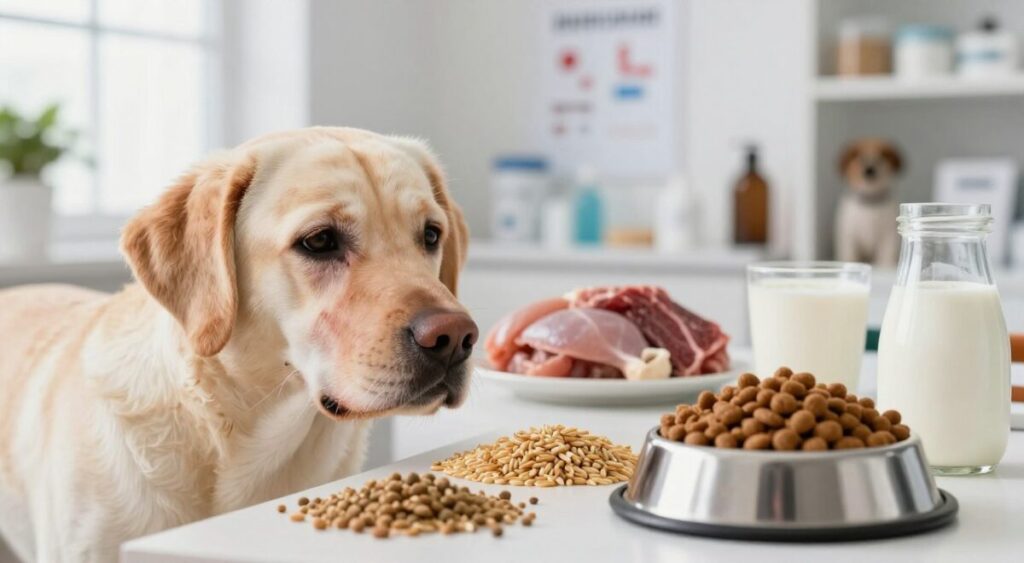 A detailed composition illustrating the causes and triggering factors of food allergies in dogs. In the foreground, a Labrador retriever with mild skin irritation, its fur slightly disheveled, looking curiously at a bowl of dog food, highlighting potential allergens. In the middle ground, a variety of foods such as chicken, beef, grains, and dairy are arranged on a clean surface, emphasizing common allergens. The background features a softly focused veterinarian's office with medical charts and dog care products subtly visible. Soft, natural light filters through a window, creating a calm and informative atmosphere. The image conveys a sense of care and attentiveness, perfect for educating pet owners about allergic reactions in their dogs.