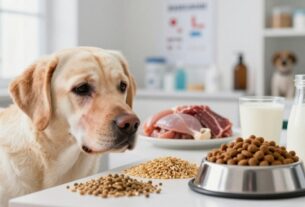 A detailed composition illustrating the causes and triggering factors of food allergies in dogs. In the foreground, a Labrador retriever with mild skin irritation, its fur slightly disheveled, looking curiously at a bowl of dog food, highlighting potential allergens. In the middle ground, a variety of foods such as chicken, beef, grains, and dairy are arranged on a clean surface, emphasizing common allergens. The background features a softly focused veterinarian's office with medical charts and dog care products subtly visible. Soft, natural light filters through a window, creating a calm and informative atmosphere. The image conveys a sense of care and attentiveness, perfect for educating pet owners about allergic reactions in their dogs.