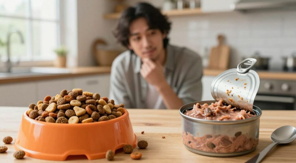A detailed split-image composition illustrating the choices between wet and dry pet food for pets. In the foreground, a vibrant bowl of dry kibble on one side, showcasing various shapes and colors, while on the other side, an appetizing wet food can, with a spoon beside it, displaying its texture. In the middle ground, a pet owner thoughtfully examining both options, dressed in casual attire, with a loving expression as they consider their pet's needs. The background depicts a cozy kitchen setting with natural light streaming through a window, highlighting the warm atmosphere of decision-making. The overall mood should be informative yet inviting, encouraging responsible pet care. A detailed split-image composition illustrating the choices between wet and dry pet food for pets. In the foreground, a vibrant bowl of dry kibble on one side, showcasing various shapes and colors, while on the other side, an appetizing wet food can, with a spoon beside it, displaying its texture. In the middle ground, a pet owner thoughtfully examining both options, dressed in casual attire, with a loving expression as they consider their pet's needs. The background depicts a cozy kitchen setting with natural light streaming through a window, highlighting the warm atmosphere of decision-making. The overall mood should be informative yet inviting, encouraging responsible pet care.