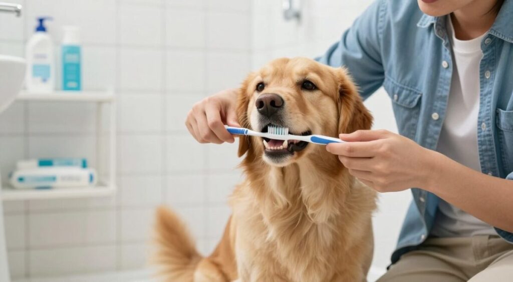 A joyful dog, its fur a golden brown color, sits on a bright, inviting bathroom tile. A pet owner, dressed in a casual blue shirt, gently brushes the dog’s teeth with a soft toothbrush, showcasing proper dental care techniques. The foreground highlights the toothbrush and the dog's mouth, capturing the owner's careful and loving expression. In the middle, the dog is enthusiastically accepting the process, its tail wagging. The background features a clean, well-lit bathroom with pet dental products on a nearby shelf, creating a warm and friendly atmosphere. The lighting is soft and natural, illuminating the scene without harsh shadows. The overall mood is cheerful and educational, emphasizing the importance of dental care for pets. A joyful dog, its fur a golden brown color, sits on a bright, inviting bathroom tile. A pet owner, dressed in a casual blue shirt, gently brushes the dog’s teeth with a soft toothbrush, showcasing proper dental care techniques. The foreground highlights the toothbrush and the dog's mouth, capturing the owner's careful and loving expression. In the middle, the dog is enthusiastically accepting the process, its tail wagging. The background features a clean, well-lit bathroom with pet dental products on a nearby shelf, creating a warm and friendly atmosphere. The lighting is soft and natural, illuminating the scene without harsh shadows. The overall mood is cheerful and educational, emphasizing the importance of dental care for pets.
