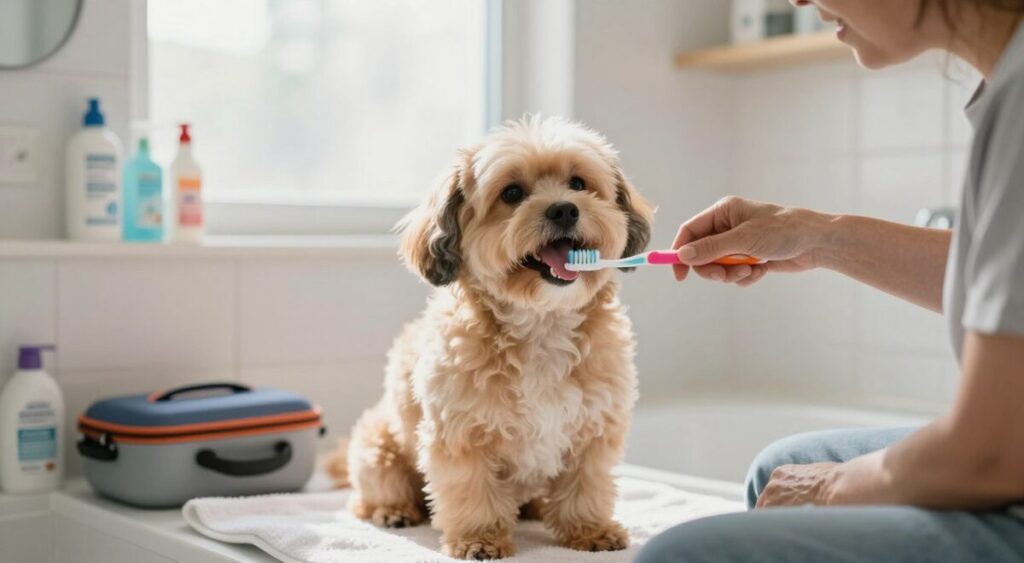A playful scene featuring a small, fluffy dog sitting on a soft towel in a bright, inviting bathroom. The foreground includes a dog owner, a middle-aged person wearing casual clothing, gently brushing the dog's teeth with a colorful toothbrush. The dog's expression is happy and curious, with its tongue out, showcasing its clean teeth. In the background, natural light filters through a frosted window, illuminating the bathroom with a warm glow, highlighting accessories like a dog grooming kit and pet dental care products on a shelf. The mood is cheerful and informative, emphasizing a nurturing bond between pets and their owners during dental care. The composition should be framed at eye level, with a shallow depth of field to keep the focus on the dog and owner interaction. A playful scene featuring a small, fluffy dog sitting on a soft towel in a bright, inviting bathroom. The foreground includes a dog owner, a middle-aged person wearing casual clothing, gently brushing the dog's teeth with a colorful toothbrush. The dog's expression is happy and curious, with its tongue out, showcasing its clean teeth. In the background, natural light filters through a frosted window, illuminating the bathroom with a warm glow, highlighting accessories like a dog grooming kit and pet dental care products on a shelf. The mood is cheerful and informative, emphasizing a nurturing bond between pets and their owners during dental care. The composition should be framed at eye level, with a shallow depth of field to keep the focus on the dog and owner interaction.