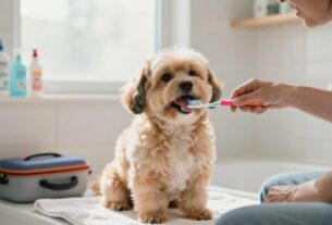 A playful scene featuring a small, fluffy dog sitting on a soft towel in a bright, inviting bathroom. The foreground includes a dog owner, a middle-aged person wearing casual clothing, gently brushing the dog's teeth with a colorful toothbrush. The dog's expression is happy and curious, with its tongue out, showcasing its clean teeth. In the background, natural light filters through a frosted window, illuminating the bathroom with a warm glow, highlighting accessories like a dog grooming kit and pet dental care products on a shelf. The mood is cheerful and informative, emphasizing a nurturing bond between pets and their owners during dental care. The composition should be framed at eye level, with a shallow depth of field to keep the focus on the dog and owner interaction.