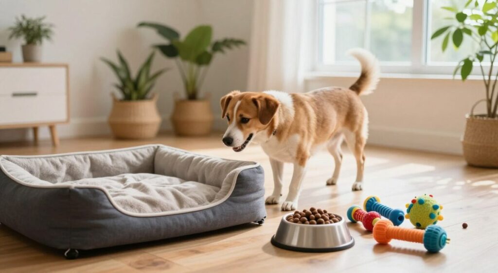 A serene and clean pet environment showcasing the importance of hygiene for pets' well-being. In the foreground, a well-organized pet area with a tidy dog bed, a clean food and water bowl, and a selection of colorful, non-toxic toys. In the middle, a friendly dog playfully examining its space, representing a healthy pet lifestyle. The background features a sunlit room with hardwood floors and houseplants, contributing to a fresh atmosphere. Soft, natural lighting radiates through large windows, casting gentle shadows. The mood is peaceful and inviting, emphasizing a clutter-free, hygienic environment that enhances the lives of pets. Aim for a realistic, warm composition that reflects care and cleanliness, ideal for illustrating pet hygiene concepts.