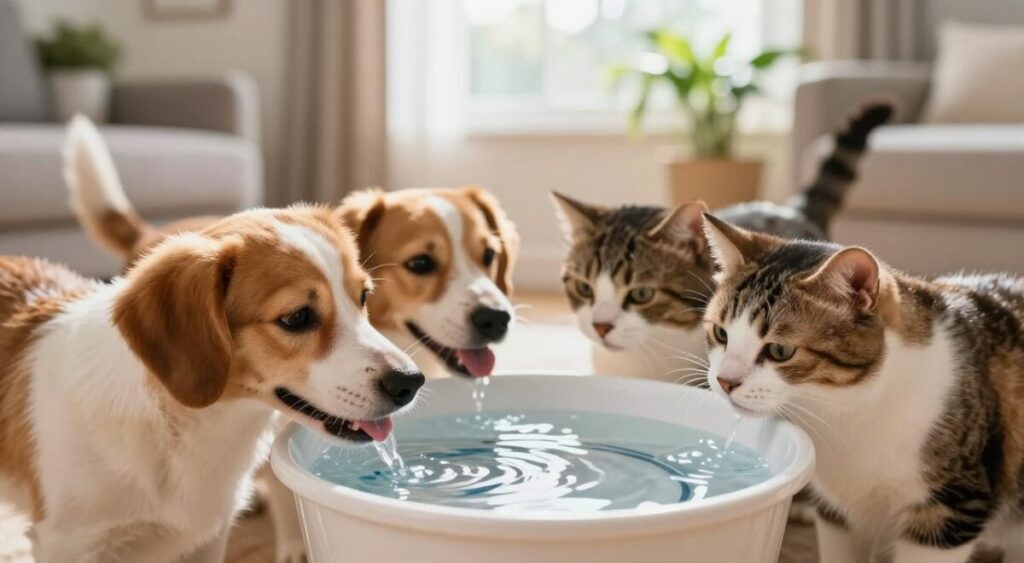 A serene and inviting pet hydration scene featuring a variety of pets, including a dog and a cat, drinking from a stylish water bowl filled with fresh water. In the foreground, focus on the pets, showcasing their joyful expressions and vibrant fur details. The middle ground can include a softly blurred background of a cozy home environment, perhaps with a sunny window and a few green plants, to evoke a sense of comfort and well-being. Use warm, natural lighting to create a homely atmosphere, emphasizing clarity and depth. The camera angle should be slightly elevated, giving a friendly view of both the pets and their water bowl, inviting the viewer into the scene. A serene and inviting pet hydration scene featuring a variety of pets, including a dog and a cat, drinking from a stylish water bowl filled with fresh water. In the foreground, focus on the pets, showcasing their joyful expressions and vibrant fur details. The middle ground can include a softly blurred background of a cozy home environment, perhaps with a sunny window and a few green plants, to evoke a sense of comfort and well-being. Use warm, natural lighting to create a homely atmosphere, emphasizing clarity and depth. The camera angle should be slightly elevated, giving a friendly view of both the pets and their water bowl, inviting the viewer into the scene.