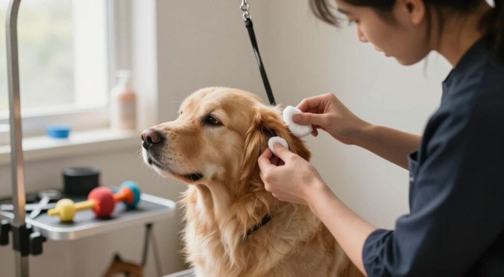 A serene indoor setting featuring a professional pet groomer gently cleaning a dog’s ears. In the foreground, the groomer, wearing a smart casual outfit, carefully uses a cotton ball soaked in cleaning solution. The middle ground showcases a golden retriever, relaxed and looking up at the groomer, with its fur shining softly in the warm, natural light coming through a nearby window. The background includes a well-organized grooming station with pet care tools and a few colorful pet toys scattered around, creating a homey atmosphere. The overall mood is calm and caring, capturing the essence of proper pet ear hygiene in a safe and gentle environment. A serene indoor setting featuring a professional pet groomer gently cleaning a dog’s ears. In the foreground, the groomer, wearing a smart casual outfit, carefully uses a cotton ball soaked in cleaning solution. The middle ground showcases a golden retriever, relaxed and looking up at the groomer, with its fur shining softly in the warm, natural light coming through a nearby window. The background includes a well-organized grooming station with pet care tools and a few colorful pet toys scattered around, creating a homey atmosphere. The overall mood is calm and caring, capturing the essence of proper pet ear hygiene in a safe and gentle environment.