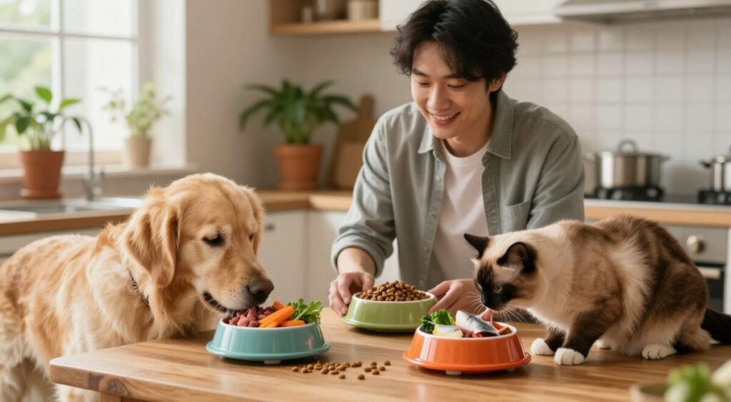 A serene kitchen scene featuring a pet owner gently transitioning their dog and cat from dry kibble to natural meals. In the foreground, a cozy wooden table displays vibrant bowls filled with fresh vegetables, meat, and fish, showcasing a natural diet. The dog, a Golden Retriever, eagerly sniffs one bowl, while the cat, a fluffy Siamese, curiously inspects another. In the middle ground, the owner, dressed in a casual yet tidy outfit, is smiling and preparing an additional bowl, embodying care and attentiveness. The background showcases warm, soft lighting filtering through a window, highlighting a homey and inviting atmosphere filled with potted plants and pet accessories. The overall mood is wholesome, illustrating the nurturing transition toward healthier pet feeding.