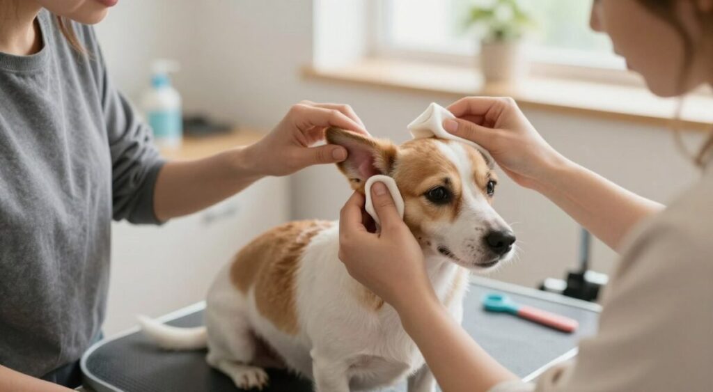 A serene pet grooming scene depicting a responsible pet owner gently cleaning the ears of a small dog, highlighting the importance of ear hygiene to prevent ear infections. In the foreground, focus on the pet owner wearing casual, modest clothing, using a soft cloth and pet-safe cleaning solution. The middle ground features the attentive dog with floppy ears, looking comfortable and relaxed, while the background includes a well-organized grooming station with tools and natural light streaming in through a window, creating a warm and inviting atmosphere. The overall mood is caring and gentle, emphasizing the importance of regular ear care for pets. A serene pet grooming scene depicting a responsible pet owner gently cleaning the ears of a small dog, highlighting the importance of ear hygiene to prevent ear infections. In the foreground, focus on the pet owner wearing casual, modest clothing, using a soft cloth and pet-safe cleaning solution. The middle ground features the attentive dog with floppy ears, looking comfortable and relaxed, while the background includes a well-organized grooming station with tools and natural light streaming in through a window, creating a warm and inviting atmosphere. The overall mood is caring and gentle, emphasizing the importance of regular ear care for pets.