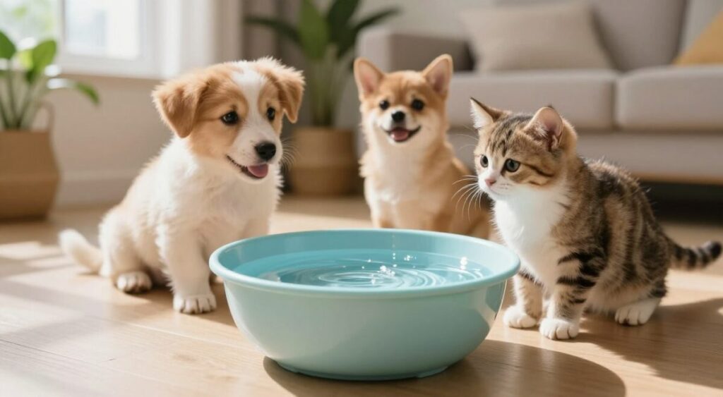 A tranquil indoor scene featuring various pets, including a playful puppy and a curious kitten, both engaging around a stylish, modern water bowl designed for pets. The foreground displays a vibrant water bowl filled with fresh, sparkling water reflecting soft light. In the middle, the pets are depicted with cheerful expressions, while the background features a cozy living room setting with plants and natural light filtering through a window, casting gentle shadows. The mood is warm and inviting, emphasizing the health and happiness associated with proper hydration for pets. The angle is slightly elevated to capture the interaction between the pets and the water, creating an intimate atmosphere without any text or overlay distractions. A tranquil indoor scene featuring various pets, including a playful puppy and a curious kitten, both engaging around a stylish, modern water bowl designed for pets. The foreground displays a vibrant water bowl filled with fresh, sparkling water reflecting soft light. In the middle, the pets are depicted with cheerful expressions, while the background features a cozy living room setting with plants and natural light filtering through a window, casting gentle shadows. The mood is warm and inviting, emphasizing the health and happiness associated with proper hydration for pets. The angle is slightly elevated to capture the interaction between the pets and the water, creating an intimate atmosphere without any text or overlay distractions.