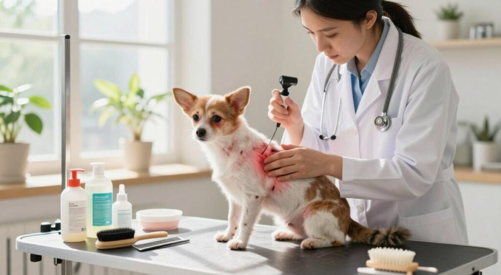 A veterinarian in a bright, well-lit clinic examines a small dog and a cat, both showing signs of skin issues, like redness or irritation, during a summer check-up. The vet, dressed in a white coat, is gently observing the pets' fur and skin, using an otoscope. In the foreground, there's a pet grooming table with various dermatological products, such as shampoos and ointments, and tools like combs and brushes. The background features a sunny window with plants, emphasizing a warm summer atmosphere. Soft, natural light floods the room, casting gentle shadows that create an inviting and caring mood, perfect for monitoring dermatological signs in pets.