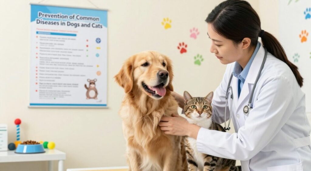 A vibrant and informative scene illustrating "Prevention of Common Diseases in Dogs and Cats." In the foreground, a veterinarian in a lab coat is gently examining a playful golden retriever and a curious tabby cat, demonstrating care and attention. In the middle ground, a chart on the wall lists preventive vaccinations and health check-ups, while pet-friendly items like a food bowl and a toy are visible on a nearby table. In the background, soft lighting enhances a calm and professional clinic atmosphere, with colorful paw prints decorating the walls. The angle is slightly above eye level, capturing both the pets' charm and the veterinarian's compassion, creating a reassuring mood for pet owners seeking health advice for their furry companions. A vibrant and informative scene illustrating "Prevention of Common Diseases in Dogs and Cats." In the foreground, a veterinarian in a lab coat is gently examining a playful golden retriever and a curious tabby cat, demonstrating care and attention. In the middle ground, a chart on the wall lists preventive vaccinations and health check-ups, while pet-friendly items like a food bowl and a toy are visible on a nearby table. In the background, soft lighting enhances a calm and professional clinic atmosphere, with colorful paw prints decorating the walls. The angle is slightly above eye level, capturing both the pets' charm and the veterinarian's compassion, creating a reassuring mood for pet owners seeking health advice for their furry companions.