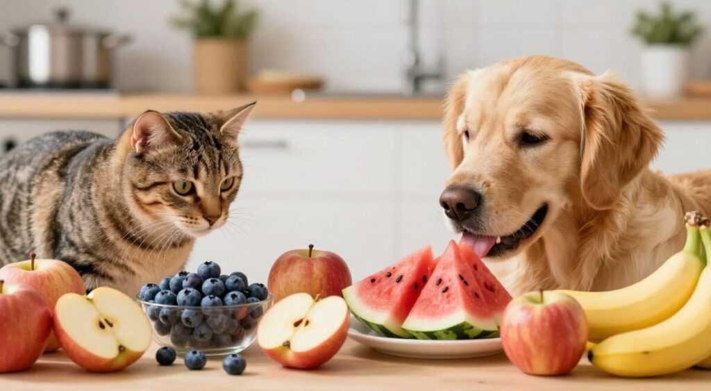 A vibrant and informative split-scene image depicting the dietary differences between cats and dogs. On the left, a graceful tabby cat curiously investigates a selection of safe fruits like blueberries and slices of apples, highlighting its more exclusive dietary needs. On the right, a friendly golden retriever eagerly sniffs a variety of fruits, including watermelon and banana, showcasing a broader acceptance of fruity snacks. The foreground focuses on the animals, surrounded by vibrant fruit displays, while the background features a sunny, warm kitchen environment with soft natural lighting. The overall mood is cheerful and educational, emphasizing the playful interaction between both pets and their respective treats. Utilize a shallow depth of field to emphasize the animals and fruits, creating a captivating visual experience. A vibrant and informative split-scene image depicting the dietary differences between cats and dogs. On the left, a graceful tabby cat curiously investigates a selection of safe fruits like blueberries and slices of apples, highlighting its more exclusive dietary needs. On the right, a friendly golden retriever eagerly sniffs a variety of fruits, including watermelon and banana, showcasing a broader acceptance of fruity snacks. The foreground focuses on the animals, surrounded by vibrant fruit displays, while the background features a sunny, warm kitchen environment with soft natural lighting. The overall mood is cheerful and educational, emphasizing the playful interaction between both pets and their respective treats. Utilize a shallow depth of field to emphasize the animals and fruits, creating a captivating visual experience.
