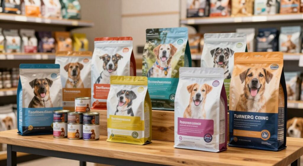 A vibrant display of various top dog food brands on a wooden table, showcasing distinct packaging designs with colorful logos and enticing images of happy, healthy dogs. The foreground features prominently labeled bags of premium dog food, emphasizing quality and variety, while the middle ground includes neatly arranged cans and boxes, highlighting different flavors. In the background, a soft-focus pet store ambiance with shelves lined with pet supplies adds depth to the scene. Warm, natural lighting enhances the inviting atmosphere, giving the image a friendly and professional feel. The angle is slightly elevated, providing a comprehensive view of the products without any text or overlays.