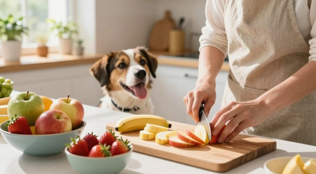 A vibrant kitchen scene focusing on the preparation of fruits for dogs. In the foreground, a person wearing a casual apron is carefully slicing fresh apples, bananas, and strawberries on a wooden cutting board, surrounded by colorful fruit bowls. In the middle, a playful dog eagerly watches nearby, with its tongue out, as if anticipating a treat. The background features a sunlit kitchen with plants on the windowsill and soft, inviting decor that emphasizes warmth and positivity. The lighting is bright and natural, casting soft shadows, creating an uplifting atmosphere that conveys care and affection towards pets. The composition is framed from a slightly elevated angle to capture the action of fruit preparation and the dog's excitement. A vibrant kitchen scene focusing on the preparation of fruits for dogs. In the foreground, a person wearing a casual apron is carefully slicing fresh apples, bananas, and strawberries on a wooden cutting board, surrounded by colorful fruit bowls. In the middle, a playful dog eagerly watches nearby, with its tongue out, as if anticipating a treat. The background features a sunlit kitchen with plants on the windowsill and soft, inviting decor that emphasizes warmth and positivity. The lighting is bright and natural, casting soft shadows, creating an uplifting atmosphere that conveys care and affection towards pets. The composition is framed from a slightly elevated angle to capture the action of fruit preparation and the dog's excitement.