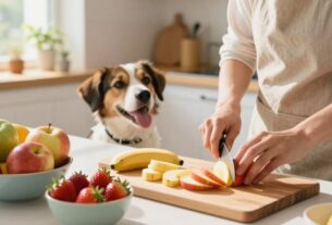 A vibrant kitchen scene focusing on the preparation of fruits for dogs. In the foreground, a person wearing a casual apron is carefully slicing fresh apples, bananas, and strawberries on a wooden cutting board, surrounded by colorful fruit bowls. In the middle, a playful dog eagerly watches nearby, with its tongue out, as if anticipating a treat. The background features a sunlit kitchen with plants on the windowsill and soft, inviting decor that emphasizes warmth and positivity. The lighting is bright and natural, casting soft shadows, creating an uplifting atmosphere that conveys care and affection towards pets. The composition is framed from a slightly elevated angle to capture the action of fruit preparation and the dog's excitement.