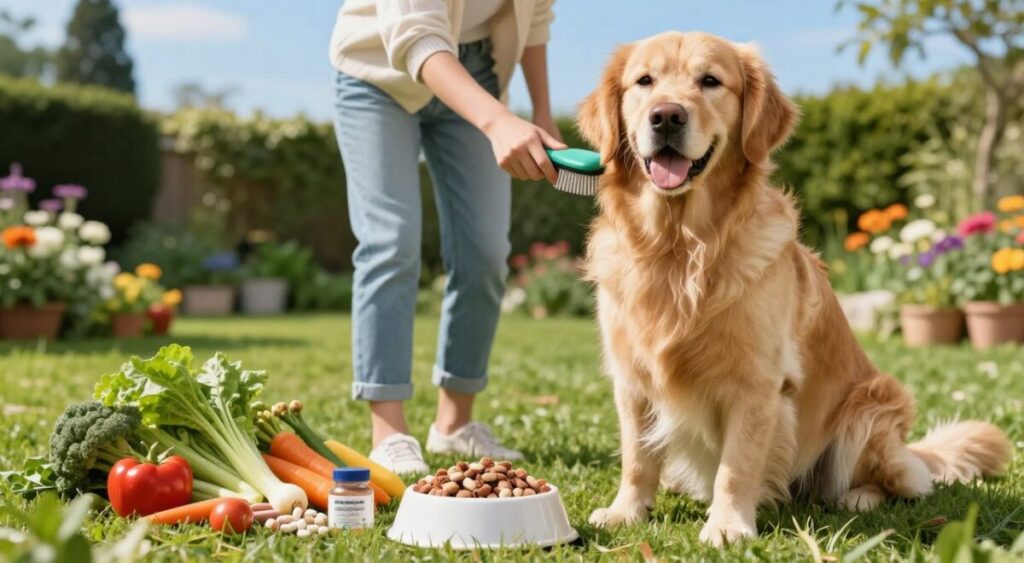 A vibrant scene depicting a healthy pet with a shiny coat, showcasing a close-up of a well-groomed dog next to a bowl of nutritious food and natural supplements. The pet, a golden retriever, is in the foreground, sitting on a sunny green lawn, its fur glistening in soft sunlight. Surrounding the dog, there are fresh vegetables and supplements arranged artistically, emphasizing a balanced diet for fur health. In the middle ground, a pet owner, dressed in casual attire, is gently brushing the dog's fur, highlighting a nurturing interaction. The background features a serene garden with colorful flowers and a clear blue sky, creating a cheerful and healthy atmosphere. The image captures warmth, care, and vitality, inviting viewers to appreciate the importance of nutrition in maintaining a pet’s coat.