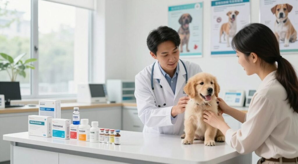 A vibrant veterinary clinic setting focused on pet healthcare. In the foreground, a professional veterinarian, dressed in a lab coat, vaccines a playful golden retriever puppy while gently reassuring an attentive pet owner. In the middle ground, various vaccines and parasite control products are displayed on a neatly organized table. In the background, images of healthy pets and educational posters about vaccinations and parasitic infections adorn the walls, creating an informative atmosphere. The clinic is well-lit with natural light streaming in through large windows, enhancing the welcoming feel. The mood is calm and educational, emphasizing the importance of preventive health care for pets. A vibrant veterinary clinic setting focused on pet healthcare. In the foreground, a professional veterinarian, dressed in a lab coat, vaccines a playful golden retriever puppy while gently reassuring an attentive pet owner. In the middle ground, various vaccines and parasite control products are displayed on a neatly organized table. In the background, images of healthy pets and educational posters about vaccinations and parasitic infections adorn the walls, creating an informative atmosphere. The clinic is well-lit with natural light streaming in through large windows, enhancing the welcoming feel. The mood is calm and educational, emphasizing the importance of preventive health care for pets.