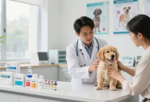 A vibrant veterinary clinic setting focused on pet healthcare. In the foreground, a professional veterinarian, dressed in a lab coat, vaccines a playful golden retriever puppy while gently reassuring an attentive pet owner. In the middle ground, various vaccines and parasite control products are displayed on a neatly organized table. In the background, images of healthy pets and educational posters about vaccinations and parasitic infections adorn the walls, creating an informative atmosphere. The clinic is well-lit with natural light streaming in through large windows, enhancing the welcoming feel. The mood is calm and educational, emphasizing the importance of preventive health care for pets.