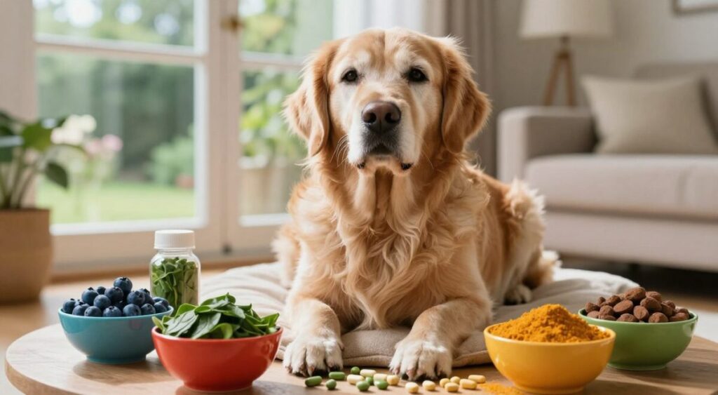 An elderly dog, a golden retriever with a gentle expression, is sitting on a cozy cushion in a softly lit living room, radiating warmth and vitality. Surrounding the dog are various colorful antioxidant supplements like blueberries, spinach, and turmeric, artistically arranged in vibrant bowls. In the background, a sunny window offers a glimpse of a lush garden, infusing the scene with natural light that enhances the rich colors of the supplements. Use a shallow depth of field to create a soft focus on the dog, while keeping the supplements in sharp detail. The mood is uplifting and serene, emphasizing the theme of health and well-being in aging pets.
