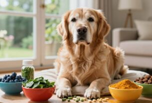 An elderly dog, a golden retriever with a gentle expression, is sitting on a cozy cushion in a softly lit living room, radiating warmth and vitality. Surrounding the dog are various colorful antioxidant supplements like blueberries, spinach, and turmeric, artistically arranged in vibrant bowls. In the background, a sunny window offers a glimpse of a lush garden, infusing the scene with natural light that enhances the rich colors of the supplements. Use a shallow depth of field to create a soft focus on the dog, while keeping the supplements in sharp detail. The mood is uplifting and serene, emphasizing the theme of health and well-being in aging pets.