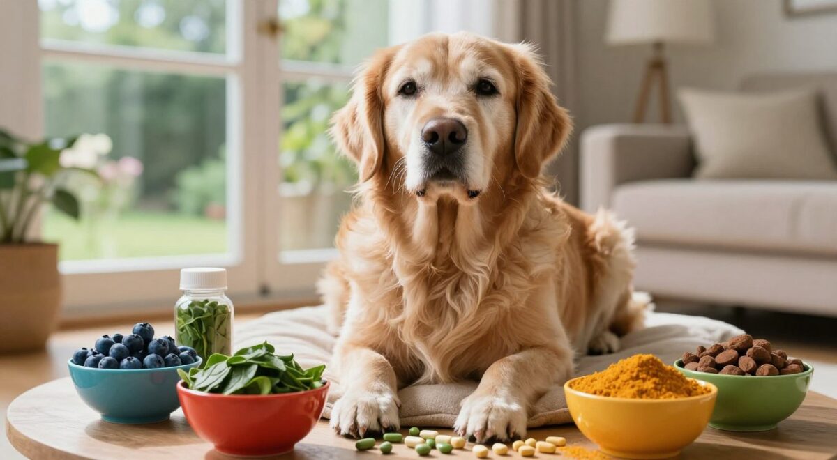 An elderly dog, a golden retriever with a gentle expression, is sitting on a cozy cushion in a softly lit living room, radiating warmth and vitality. Surrounding the dog are various colorful antioxidant supplements like blueberries, spinach, and turmeric, artistically arranged in vibrant bowls. In the background, a sunny window offers a glimpse of a lush garden, infusing the scene with natural light that enhances the rich colors of the supplements. Use a shallow depth of field to create a soft focus on the dog, while keeping the supplements in sharp detail. The mood is uplifting and serene, emphasizing the theme of health and well-being in aging pets.
