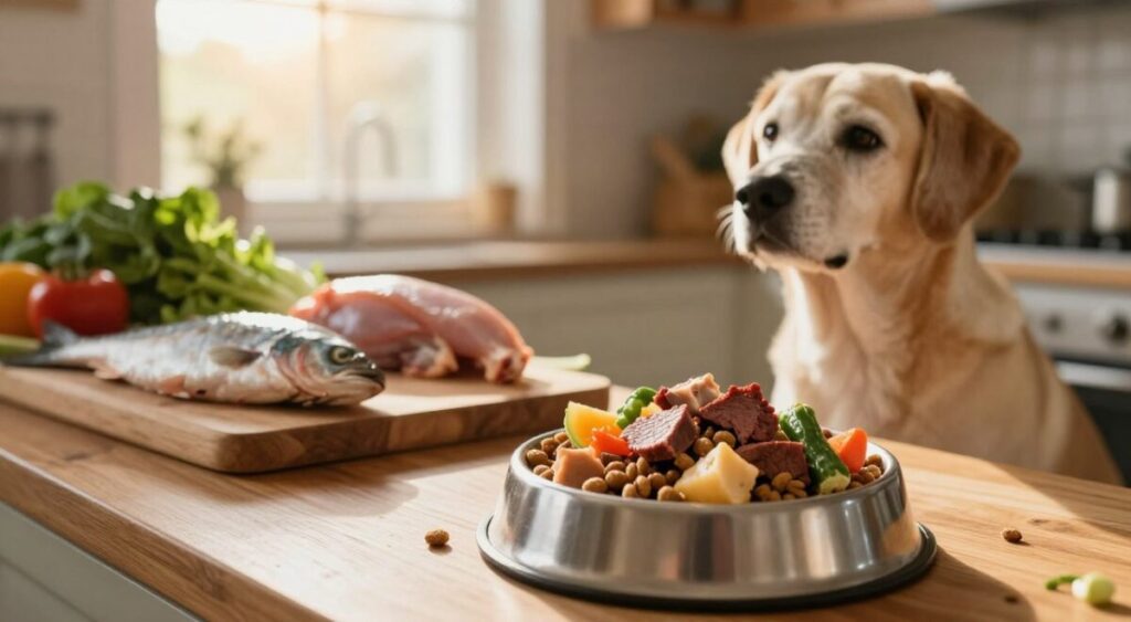 An elderly dog sitting in a warm, cozy kitchen filled with natural light, surrounded by bowls of healthy food. In the foreground, a bowl filled with high-quality kibble, mixed with fresh vegetables and lean proteins, representing a balanced diet. In the middle, an inviting wooden countertop displays an array of ingredients like fish, chicken, and leafy greens. The background features a soft-focus window with soft, golden sunlight filtering through, casting a gentle glow on the scene. The atmosphere feels nurturing and wholesome, emphasizing the importance of nutrition in a dog's later years. Capture this in a close-up shot with rich colors and a clear focus on the food, creating an appealing and informative visual representation.