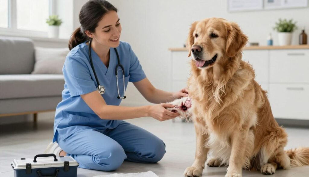 A caring veterinarian sits on the floor next to a golden retriever, gently inspecting a healing surgical site on the dog's leg after mastocytoma treatment. The vet, dressed in professional casual attire, exhibits a warm expression, providing reassurance and attentiveness. In the foreground, a medical toolkit is visible, emphasizing the care involved. The dog's fur is tousled, showing the aftermath of treatment but with a hopeful demeanor. In the background, a cozy clinic environment features soft, natural lighting that creates a calming atmosphere. The scene conveys compassion and support, showcasing the importance of post-treatment care for pet owners concerned about their furry friends' recovery. The image captures a moment of healing and trust between veterinarian and dog. A caring veterinarian sits on the floor next to a golden retriever, gently inspecting a healing surgical site on the dog's leg after mastocytoma treatment. The vet, dressed in professional casual attire, exhibits a warm expression, providing reassurance and attentiveness. In the foreground, a medical toolkit is visible, emphasizing the care involved. The dog's fur is tousled, showing the aftermath of treatment but with a hopeful demeanor. In the background, a cozy clinic environment features soft, natural lighting that creates a calming atmosphere. The scene conveys compassion and support, showcasing the importance of post-treatment care for pet owners concerned about their furry friends' recovery. The image captures a moment of healing and trust between veterinarian and dog.